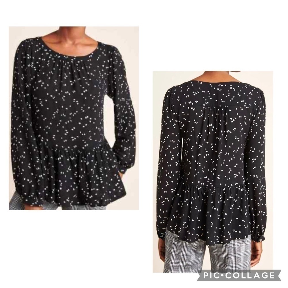 ANTHROPOLOGIE MAEVE Women’s Black White Print CHEYENNE Peplum Top
